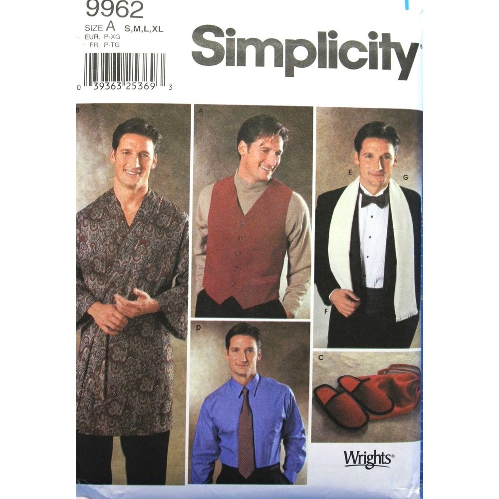 Simplicity Sewing Pattern 9962 Vest Robe Ties Cummerbund Scarf Slippers S-L